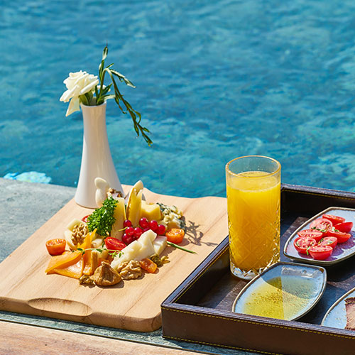 food display by a pool